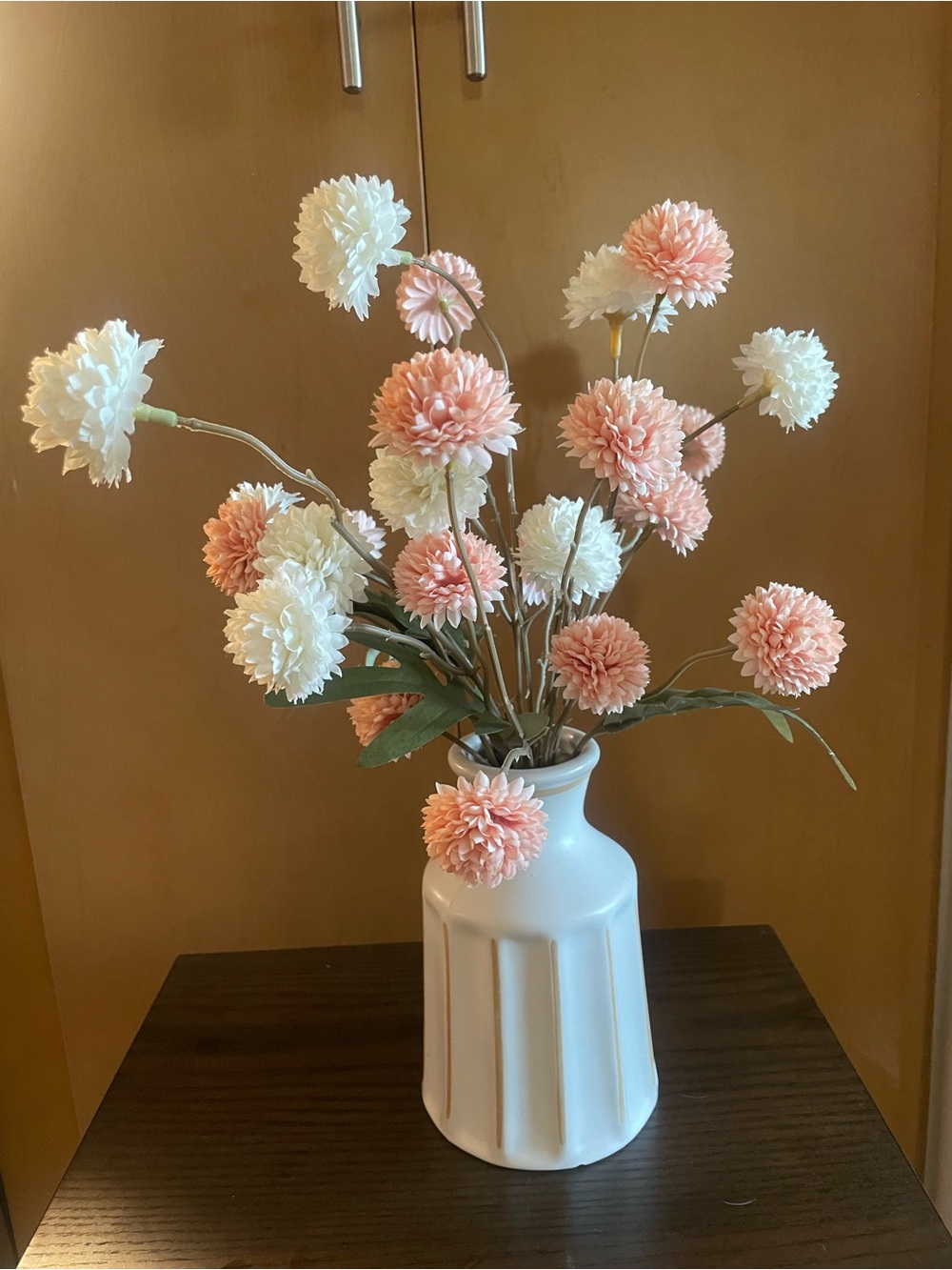 Artificial Pom-Pom Flower Arrangement in White Vase - Pink and White